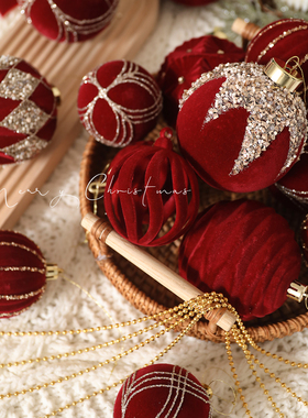 圣诞球装饰丝绒球经典红色系列球圣诞树挂件毛毛球装饰礼包树顶星