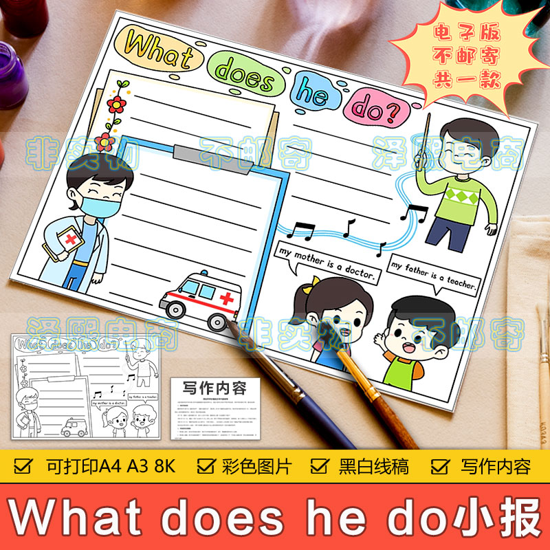 小学生六年级英语 what does he do 他是干什么的英文手抄报模板