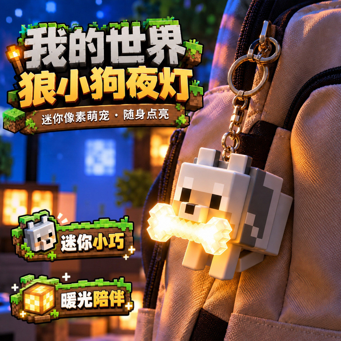 我的世界正版周边狼小狗模型包挂件钥匙扣钻石剑火把夜灯发光玩具
