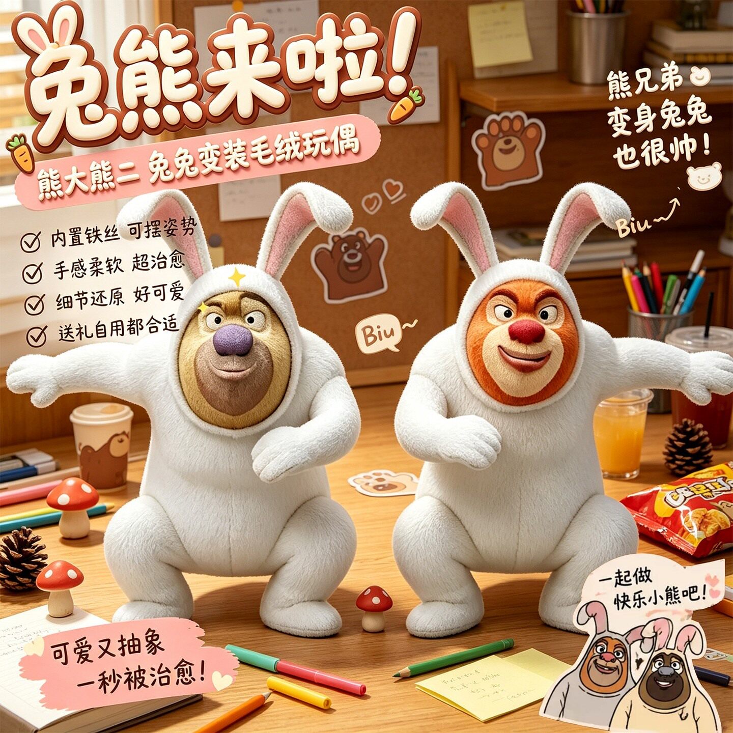 兔熊毛绒玩偶熊大熊二老鼠干人网红流行创意整蛊抽象毛绒公仔玩具