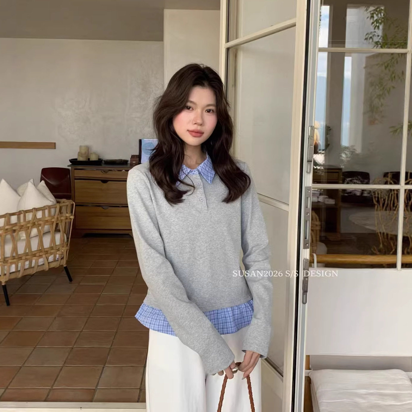 苏珊现货 韩系假两件拼接翻领针织衫宽松长袖设计潮流上衣DW6338