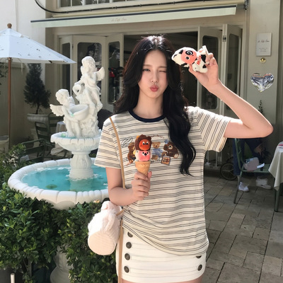 苏珊 现货圆领撞色条纹小众上衣女2026夏季新款正肩显瘦T恤LX35