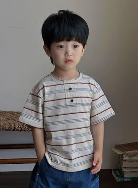 现货【条纹定律】男童夏季洋气条纹撞色T恤清薄透气CZ5X94