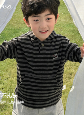 现货【小飞机】男童春季黑灰条纹经典长T恤衫舒适CZ6C08