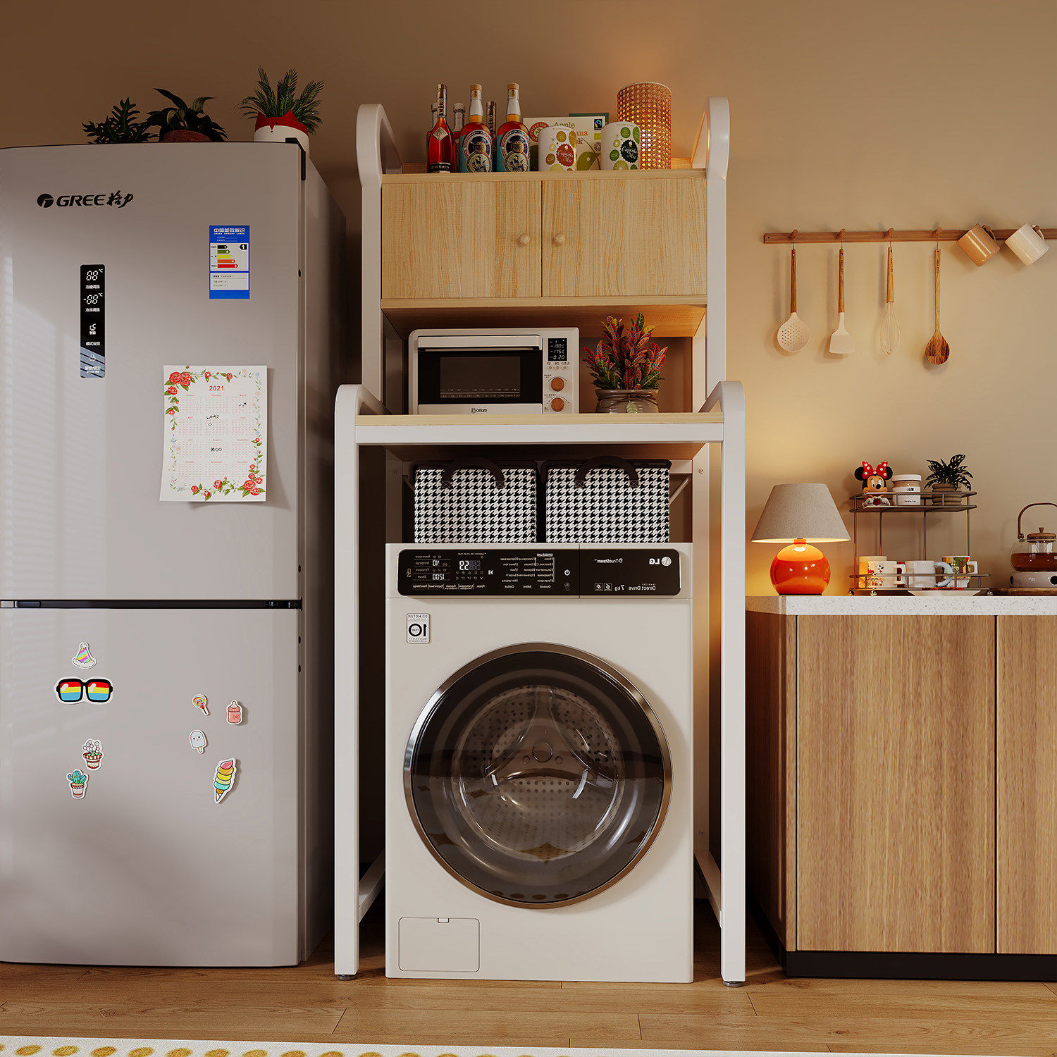 洗衣机上方置物架落地厨房微波炉收纳层架多层餐柜靠墙一体收纳柜