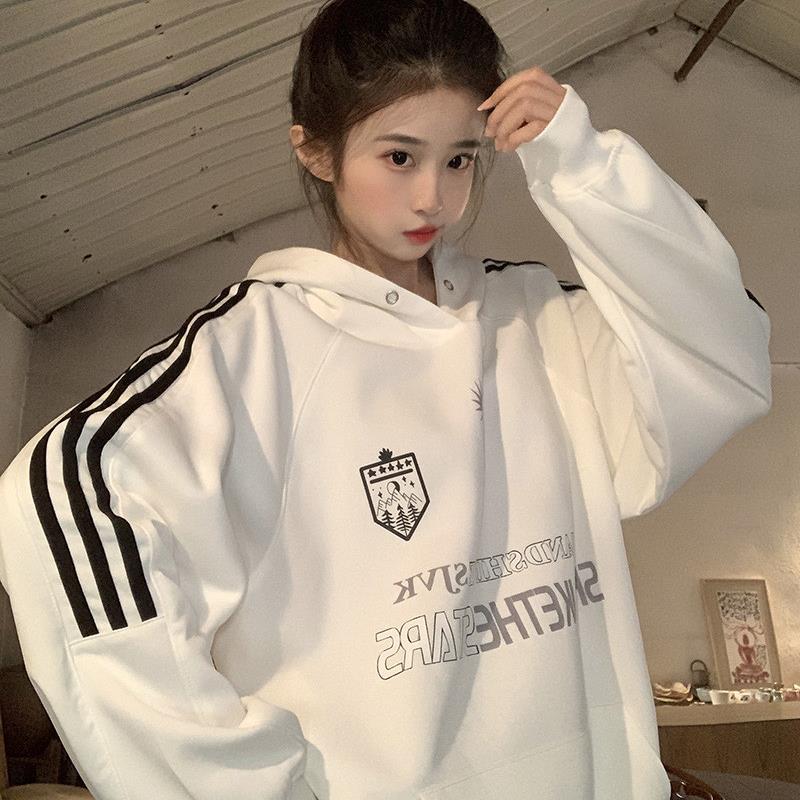 实拍卫衣男女情侣装薄款2025初秋新款潮口袋条纹印花连帽韩版上衣