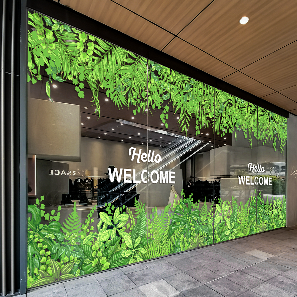 热带绿植玻璃底纹餐厅东南亚风情服装店落地窗美化窗贴纸静电无胶