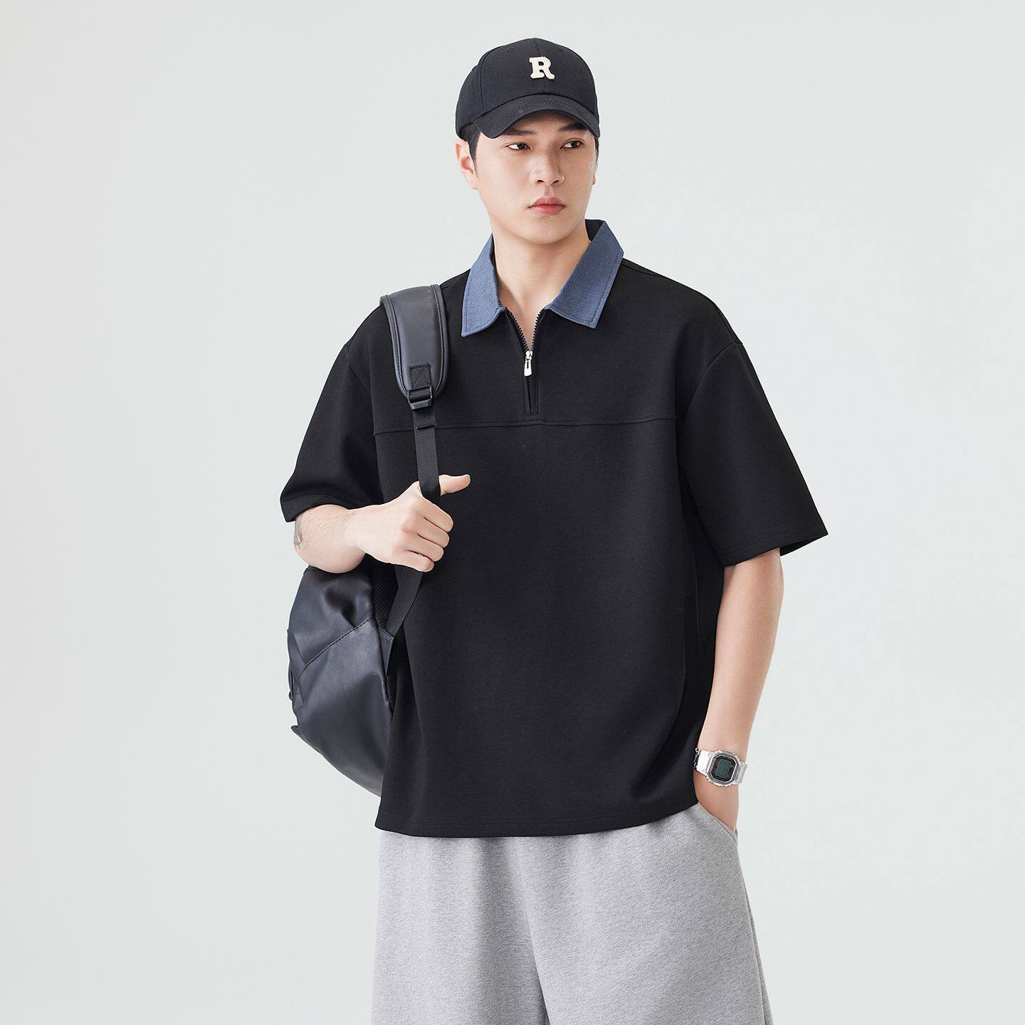 重磅复古假两件半拉链POLO衫男
