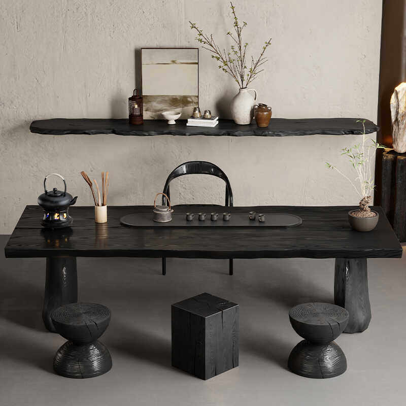 侘寂风大板泡茶桌碳化黑实木现代简约整板茶几办公室会客桌椅组合,住宅家具,家用茶台/茶桌,淘宝优惠券,粉丝福利购,淘宝优惠卷