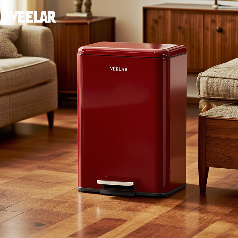 VEELAR包豪斯高颜值2025新款脚踩覆古垃圾桶红色家用客厅脚踏带盖