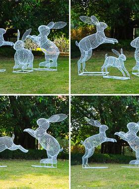不锈钢动物雕塑仿真兔子摆件楼空网格发光户外园林庭院装饰摆设