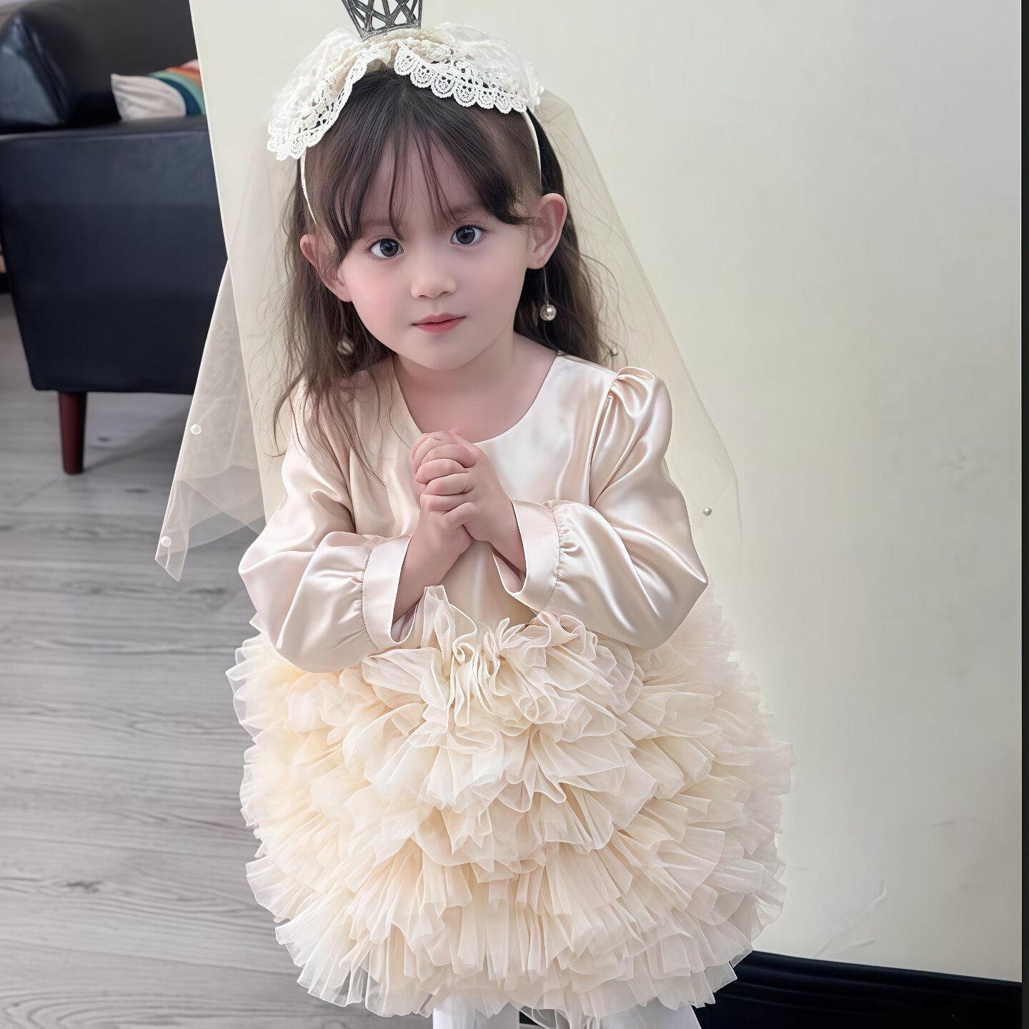 秋款女童百天周岁礼服洋气公主裙连衣裙婚纱表演裙走秀花童蓬蓬裙