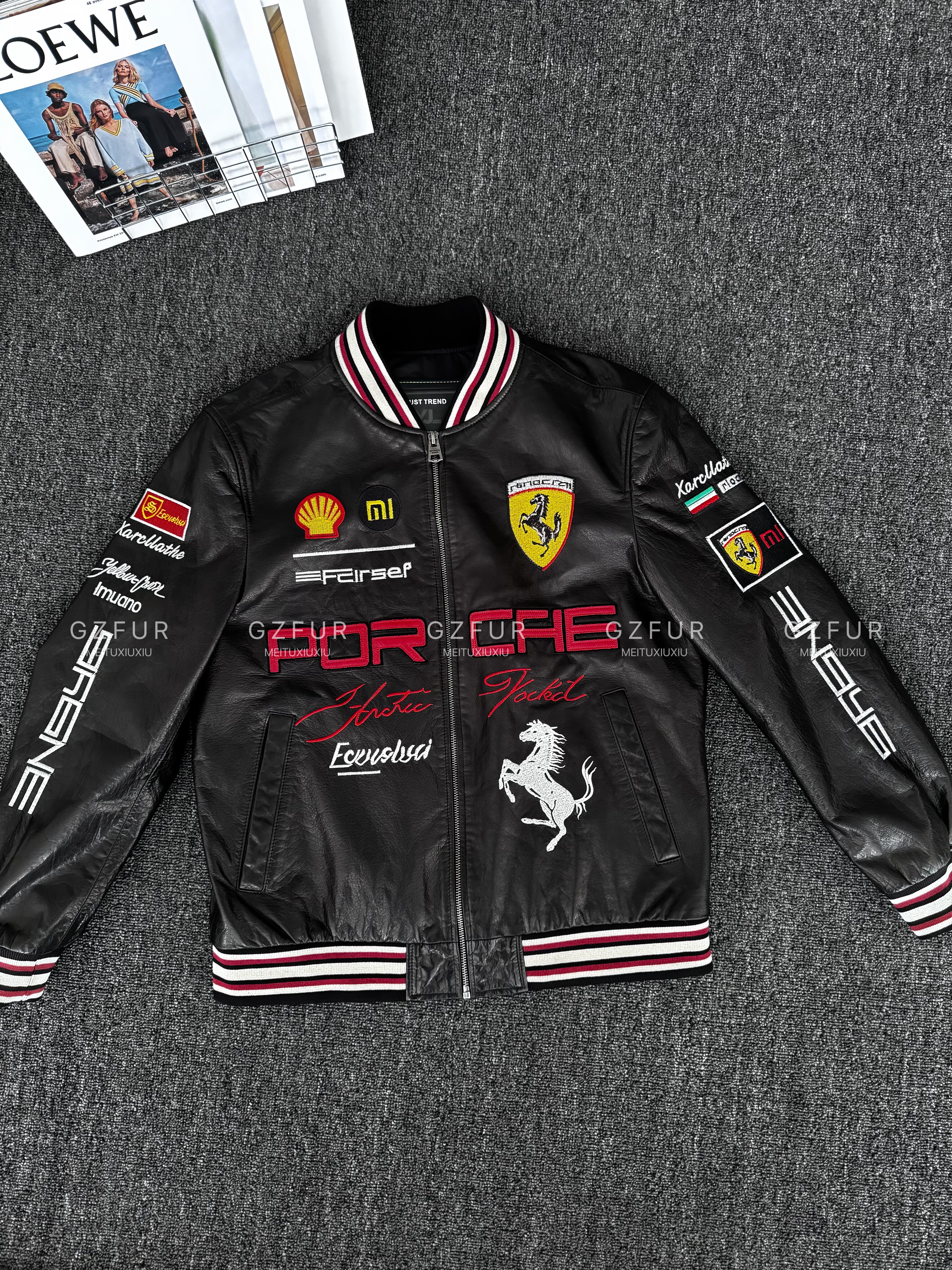 潮流赛车服男士真皮油蜡头层牛皮万针刺绣黑色休闲机车风秋冬外套