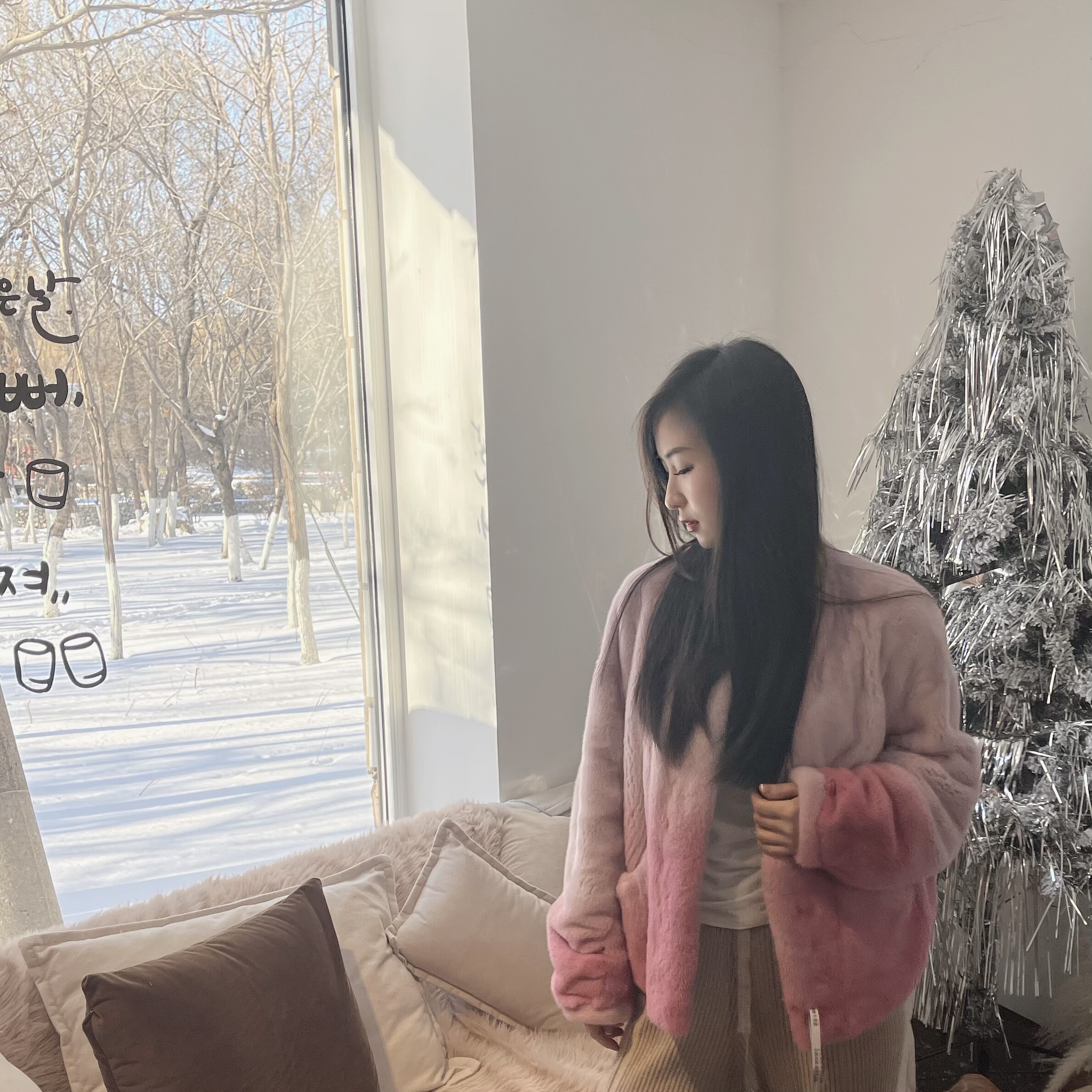 【GZ皮草】2024女神专属过渡粉色紫金天鹅绒短二水貂皮草外套