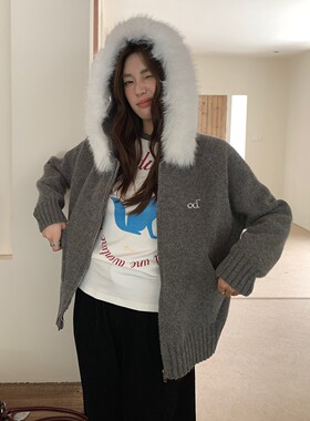 LKOD秋冬毛领深灰色od爱心刺绣连帽情侣长袖外套毛衣