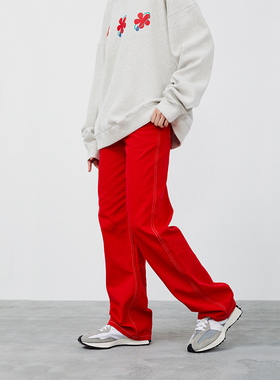 LKOD2021秋冬新款潮牌红色休闲裤 高腰街头百搭牛仔长裤