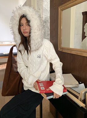 LKOD2025秋冬刺绣字母拉链帽衫毛领女款毛衣外套辣妹