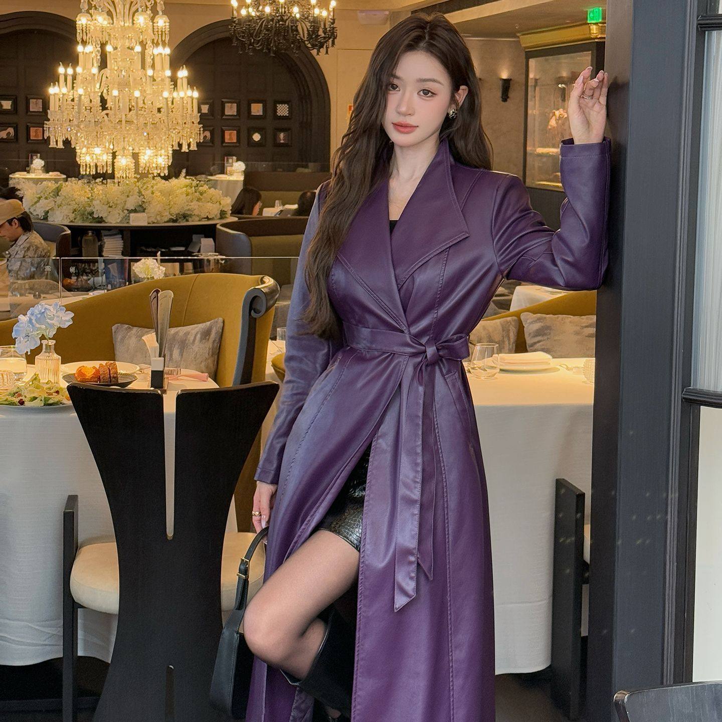 海宁气质大小姐网红皮衣女外套中长新款韩版修身显瘦秋冬款风衣