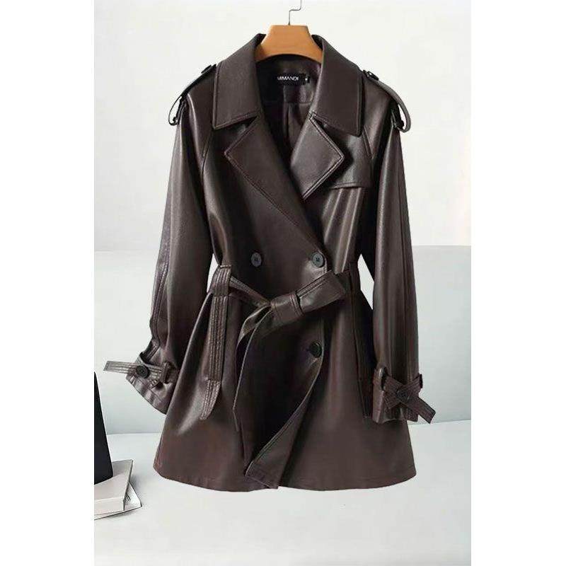 2025海宁新款秋冬真皮皮衣女中长款系腰修身显瘦绵羊皮风衣外套女