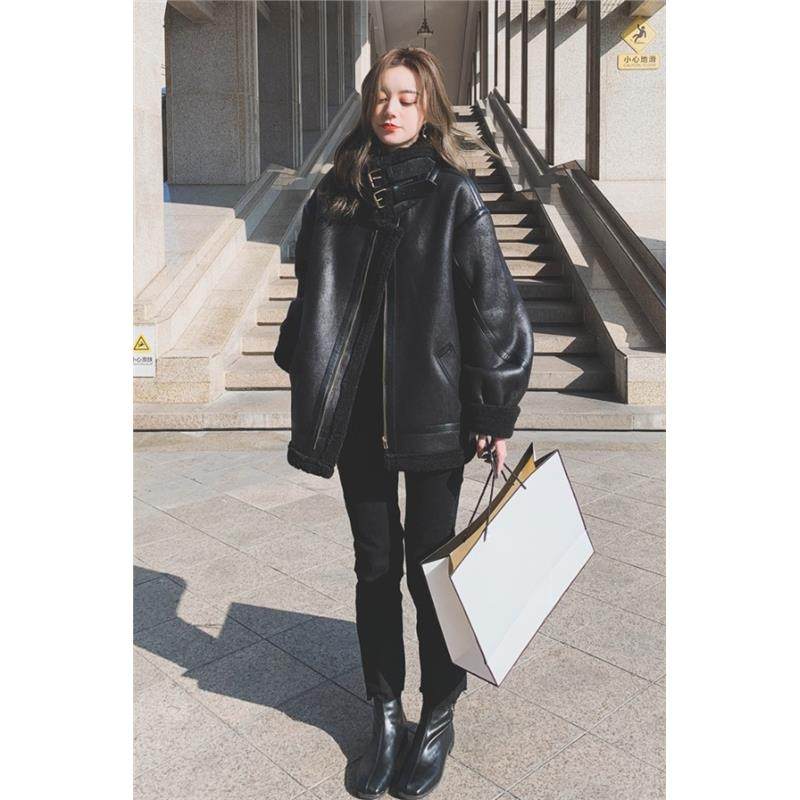 皮毛一体羊羔外套秋冬冬季2025新款韩版宽松加厚机车拼接中长款