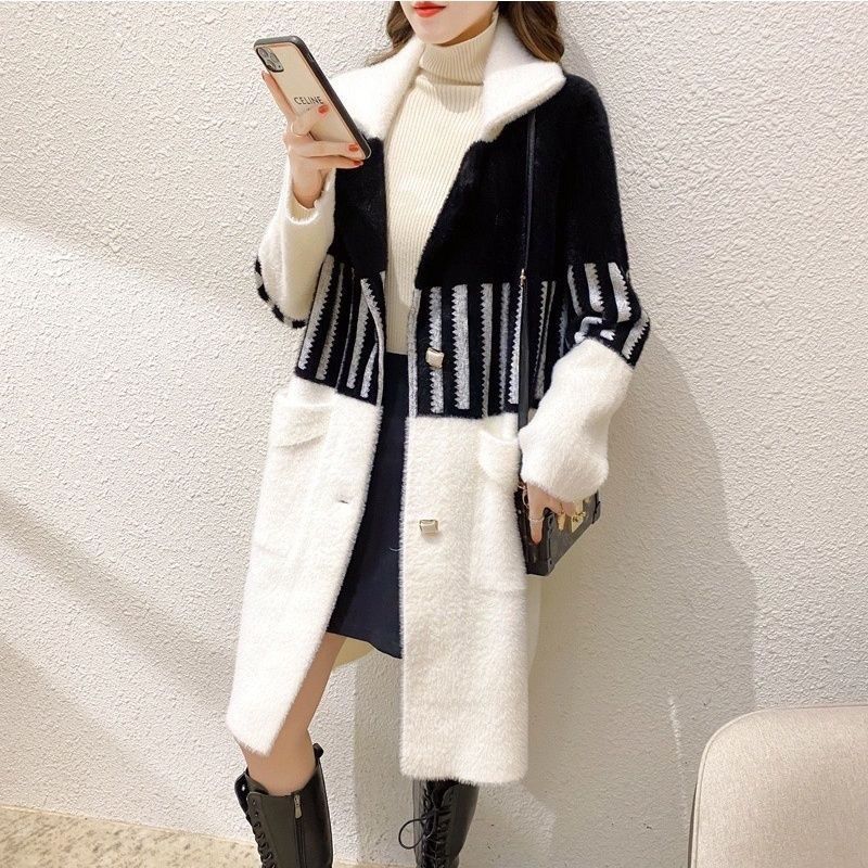 加厚仿水貂双面绒中长款外套女2022秋冬装新款宽松百搭西装领大衣