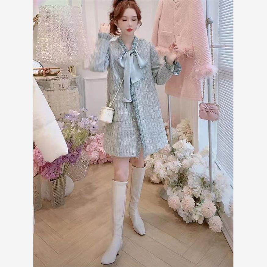 2024新款减龄蝴蝶结高级感中长款大衣气质小香风呢子羽绒内胆外套