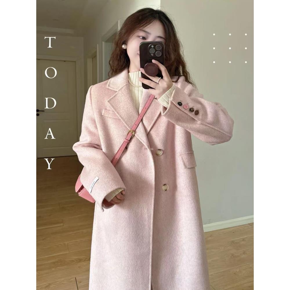 粉色双面羊毛大衣女2025年秋冬季新款正肩高支羊毛小个子毛呢外套