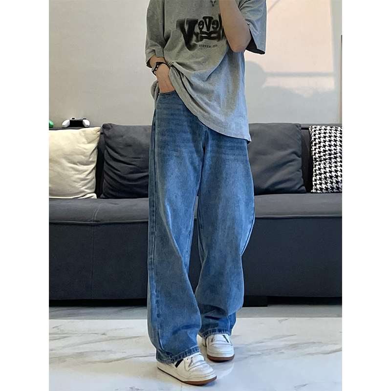 小张几牛仔裤男夏季薄款蓝色水洗简约磨白宽松直筒半松紧腰女长裤