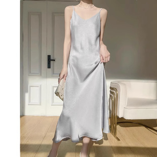 法式 收腰显瘦高端百搭裙子 抓皱醋酸吊带连衣裙女长裙夏季