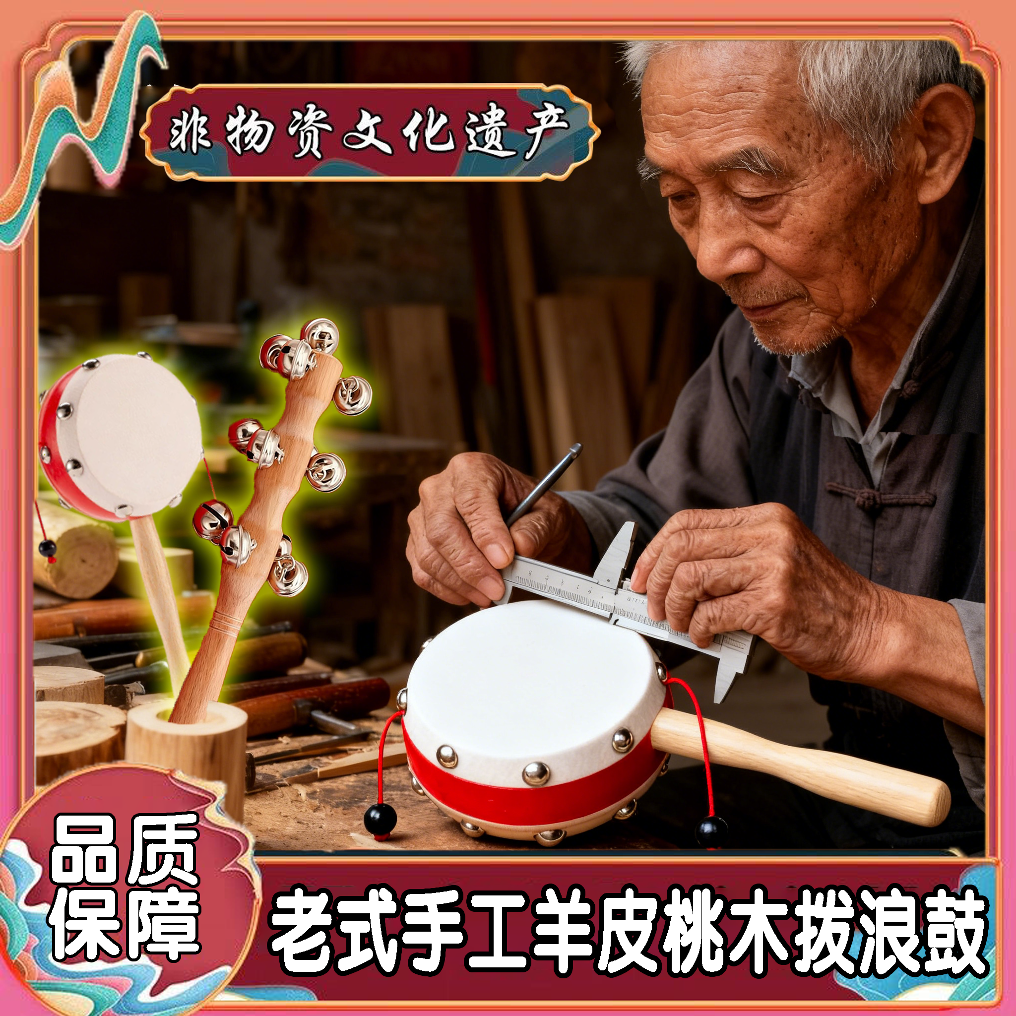 非遗羊皮拨浪鼓可啃咬新生婴儿食品级桃木传统老式手工和哗啦棒