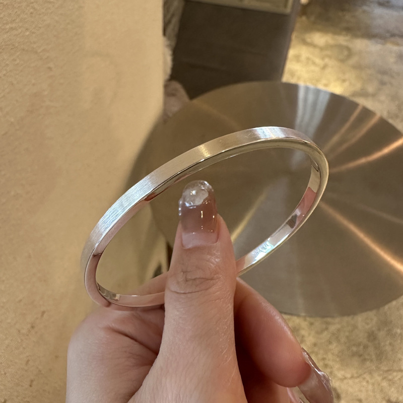 云小舒手工足银手镯999闭口方拉丝银手镯纯银简约单圈不可调节镯