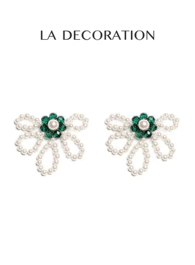 LA DECORATION 设计师绿色花朵珍珠水晶串珠耳环耳饰耳夹时尚甜美