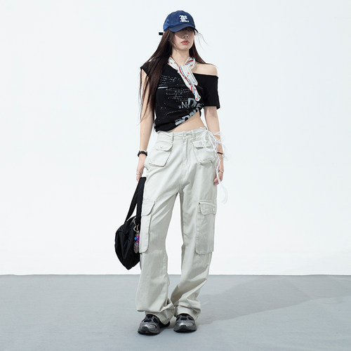 沙白色美式复古多口袋工装裤女