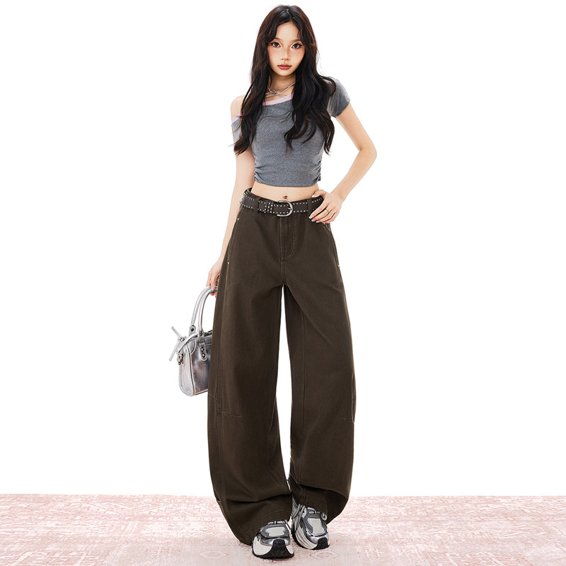 RTRX美式复古咖色弯刀阔腿牛仔裤女通勤百搭设计感宽松显瘦长裤子,女装/女士精品,牛仔裤,淘宝优惠券,粉丝福利购,淘宝优惠卷