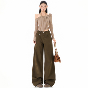 RTRX美式复古棕咖色阔腿牛仔裤女日常通勤百搭宽松显瘦垂感直筒裤