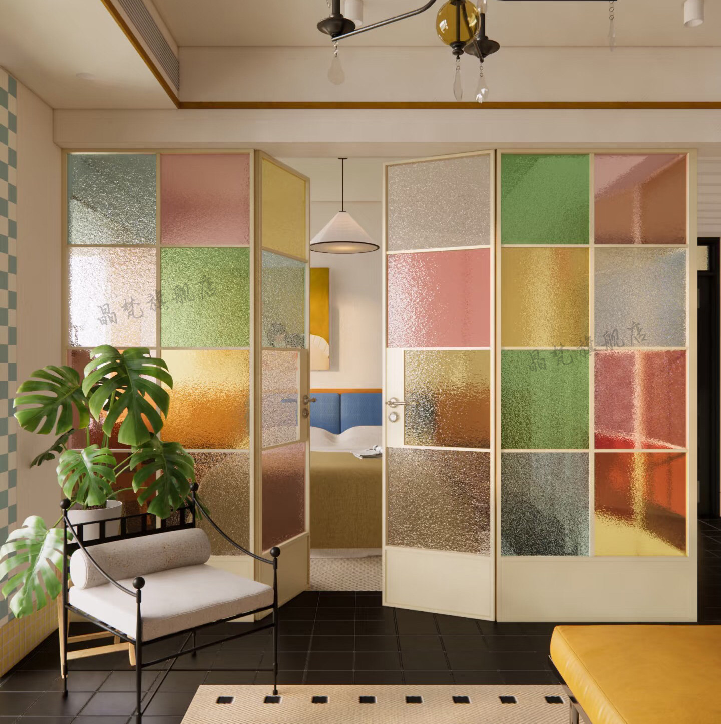 定制5厘超白水纹银玻长虹海棠欧式复古彩色渐变钢化玻璃隔断屏风