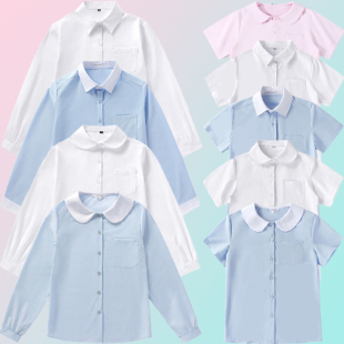 娃娃领宽松丸襟制服长短袖 女白蓝色圆领幼稚COS动漫春秋学院衬衣