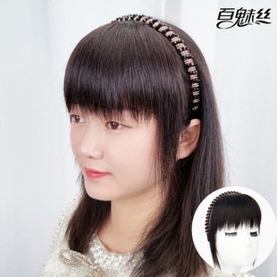 百魅丝 仿水钻发箍女刘海一体全真发前额头顶鬓角头帘遮白发发饰