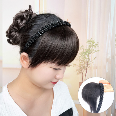 黑色仿钻发箍刘海一体全真发头帘前额鬓角遮白发碎齐刘海假发片