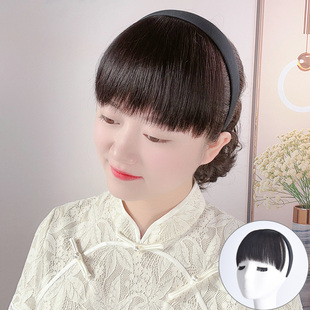 百魅丝黑色发箍刘海一体全真发一刀切齐刘海前额遮白发头帘假发片
