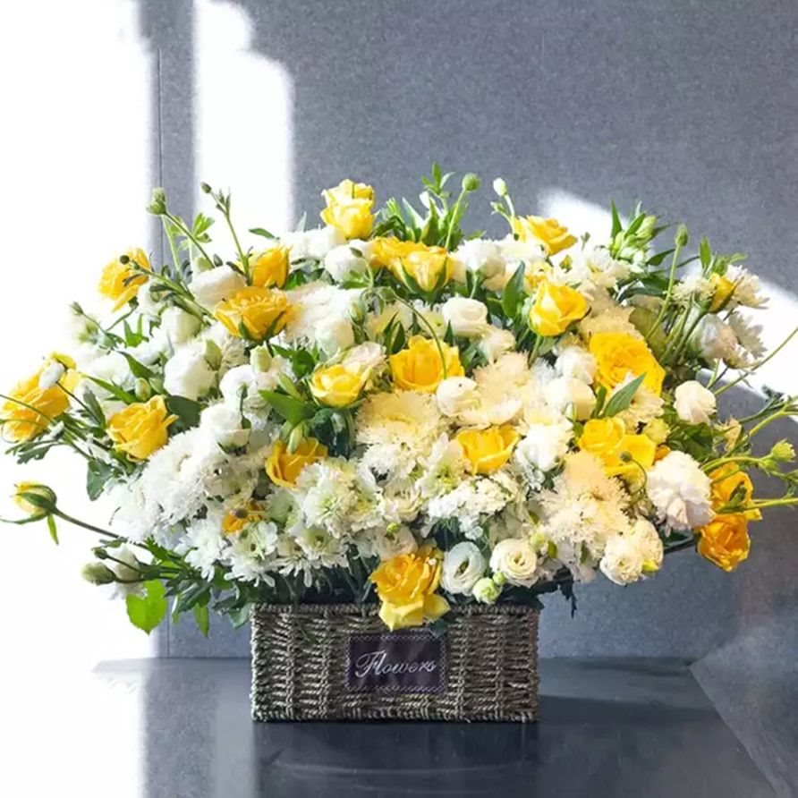 全国殡葬桌面手提小花篮祭奠清明菊花白事扫墓丧事吊唁灵堂照片