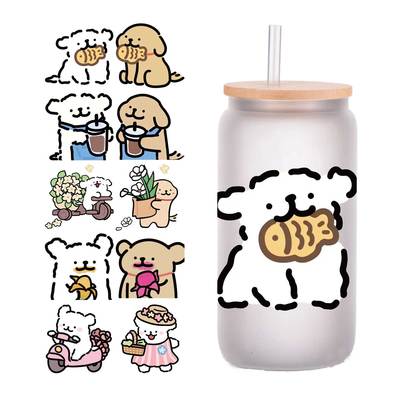 10张四英寸卡通可爱线条小狗3d立体UV转印贴水晶标签DIY杯贴定制