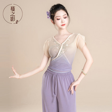 2025古典舞练功服渐变烫钻纱衣中国舞表演服现代舞新款短袖上衣