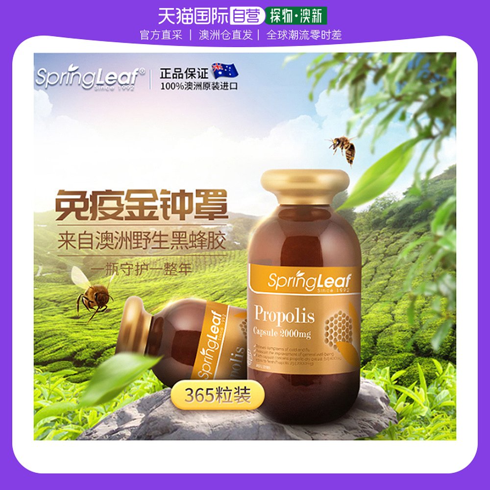 澳大利亚直邮SPRINGLEAF绿芙澳洲天然黑蜂胶胶囊365粒/瓶进口黄酮