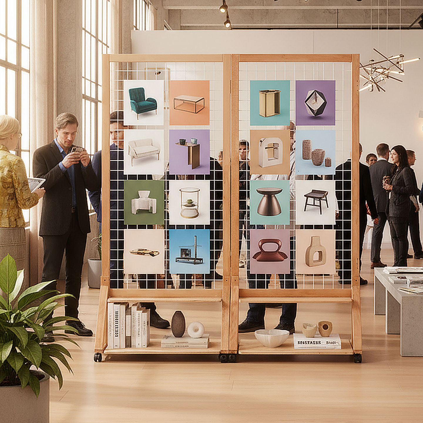 屏风隔断实木折叠网格展示架