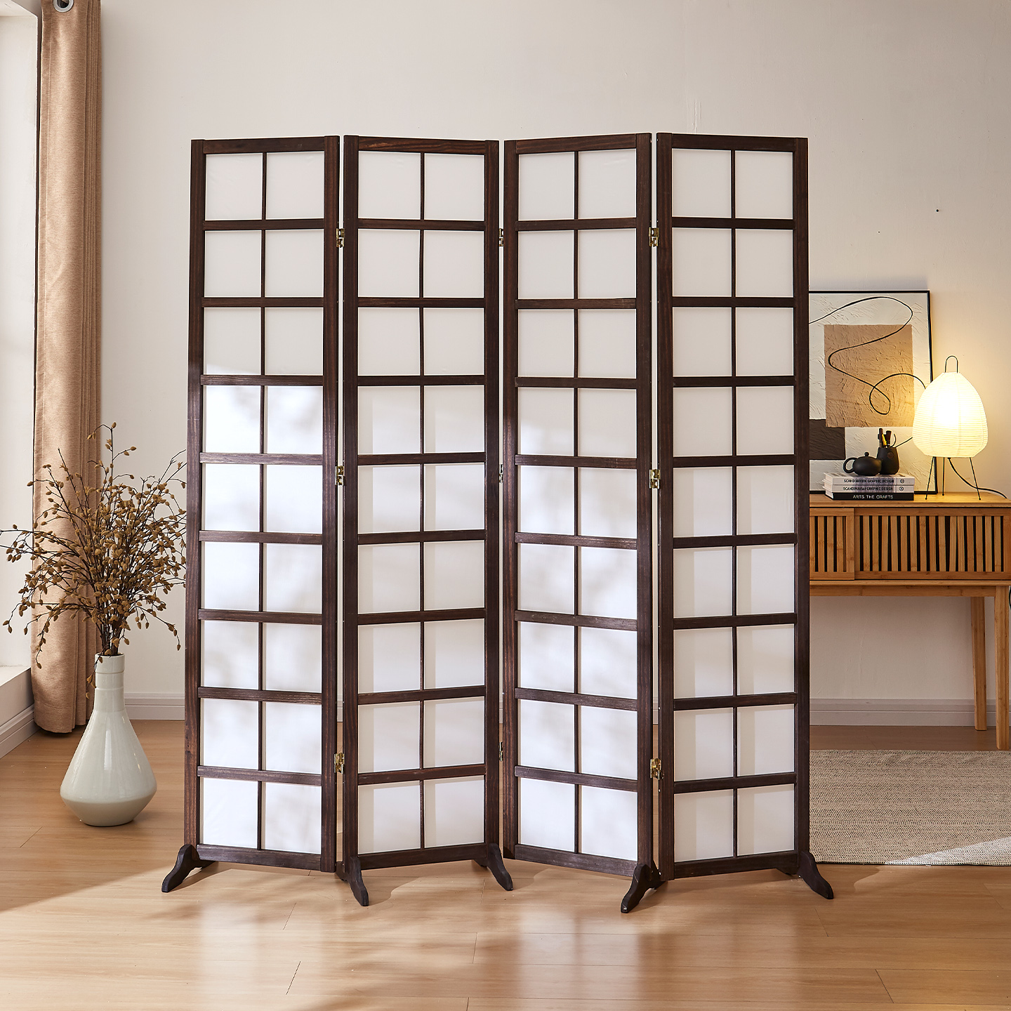 日式木质折屏客厅卧室隔断屏风四扇折叠茶室办公室直播背景樟子格