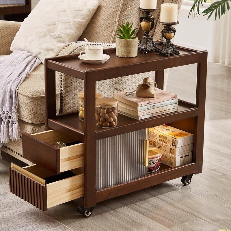 可移动中古风茶几沙发边几实木黑胡桃色侧边柜带轮小推车客厅超窄