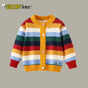 史努比女童秋冬加绒毛衣开衫2025新款儿童条纹针织衫男童休闲外套