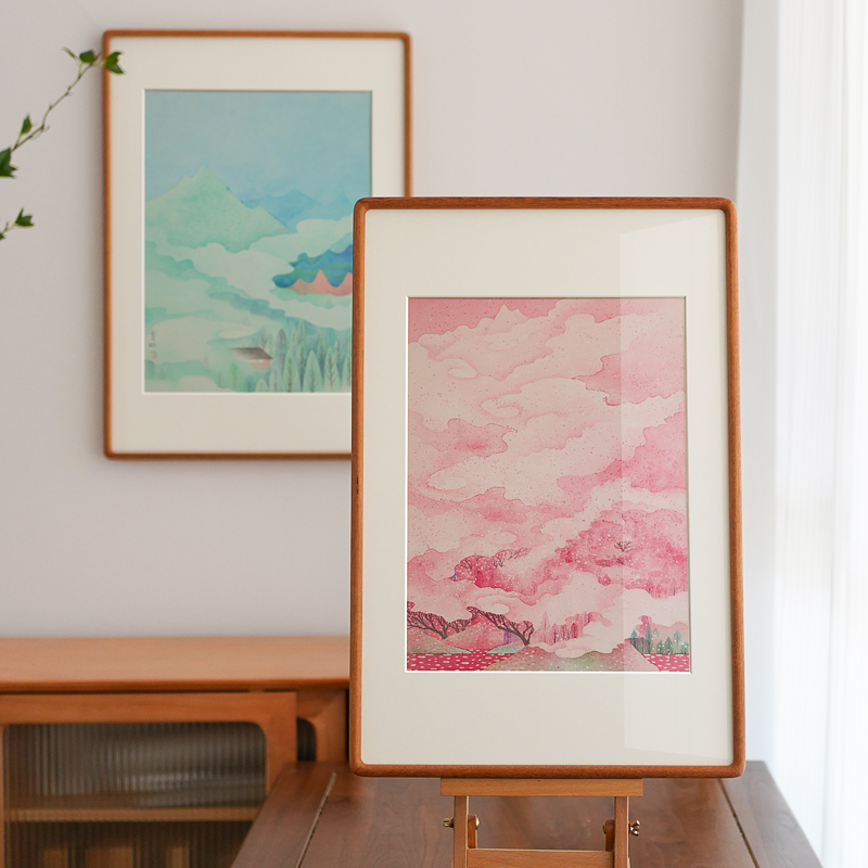 李旭山峰水墨装饰画侘寂风新中式原木风日式餐厅客厅山水双联挂画图片