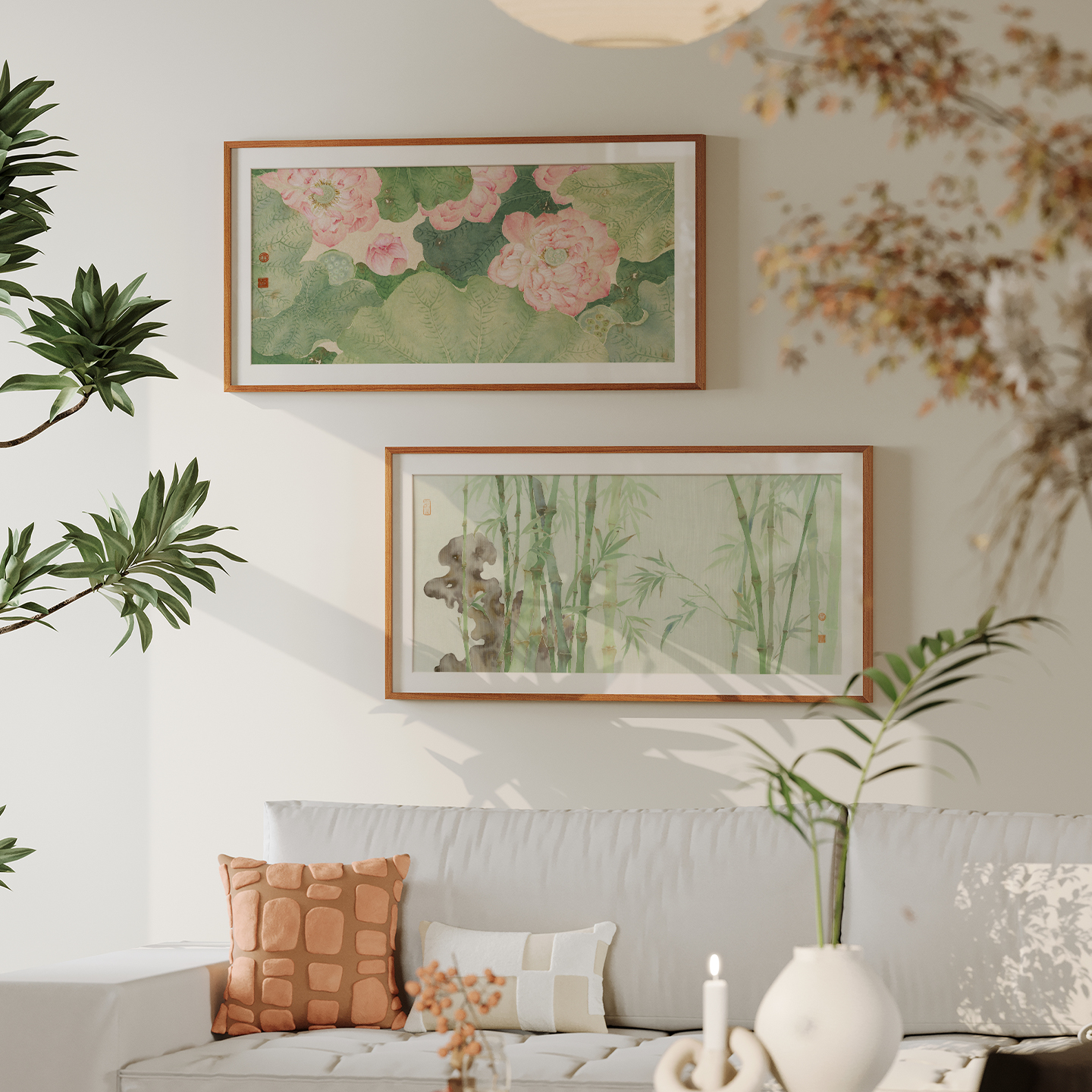 冰青 竹子荷花新中式装饰画客厅沙发背景墙卧室茶室民宿实木挂画图片
